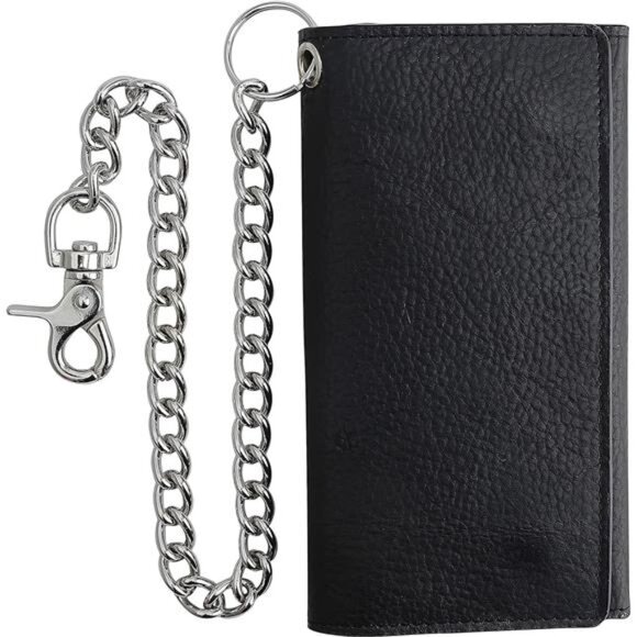 RFID Blocking Mens Tri-fold Long Style Cowhide Leather Steel Chain Wallet,Black